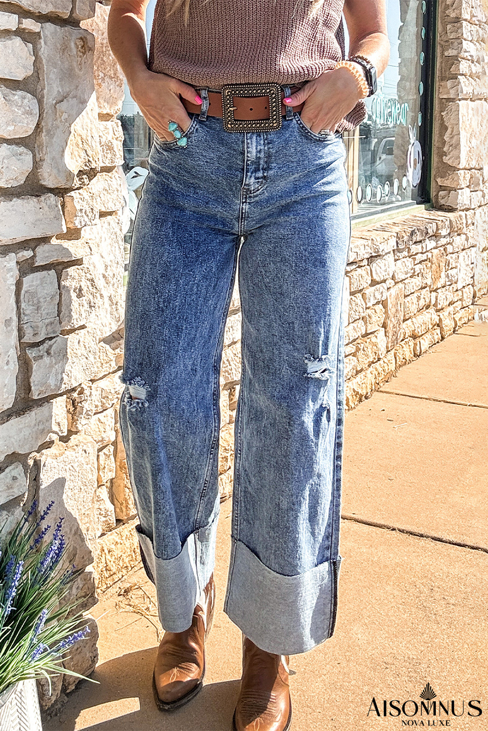Ashleigh Blue Mineral Wash Distressed Wide Leg Jeans