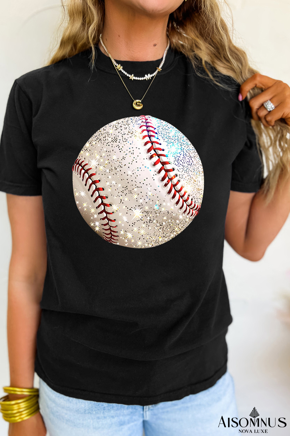 Black Heat Transfer Baseball Print Cotton Blend T Shirt