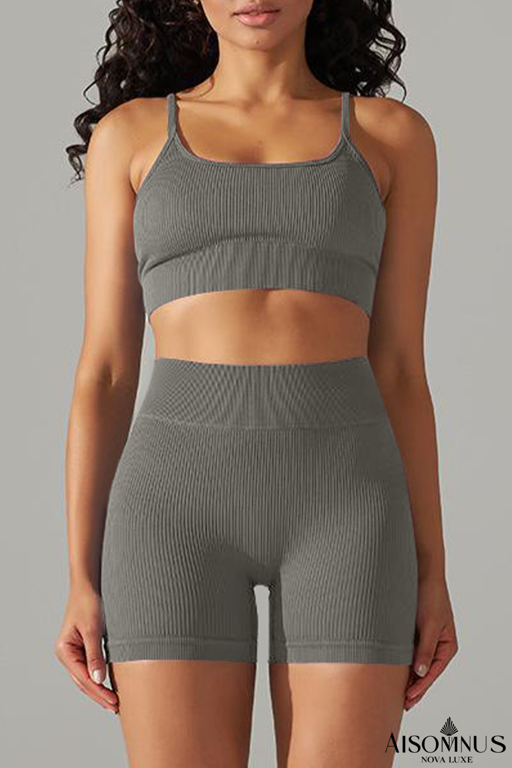 Light Grey Spaghetti Straps Bra and High Waist Shorts Workout Set
