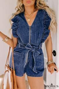 Sail Blue Denim Ruffled Zipped Front Belted Romper