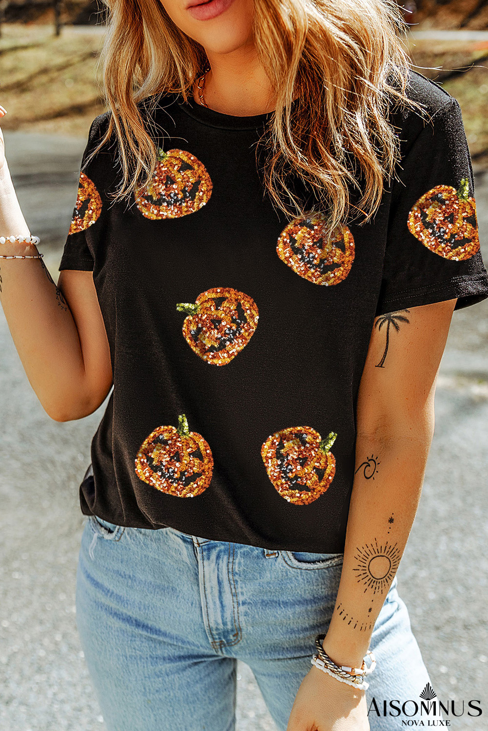 Black Halloween Sequin Pumpkin Face Graphic T Shirt