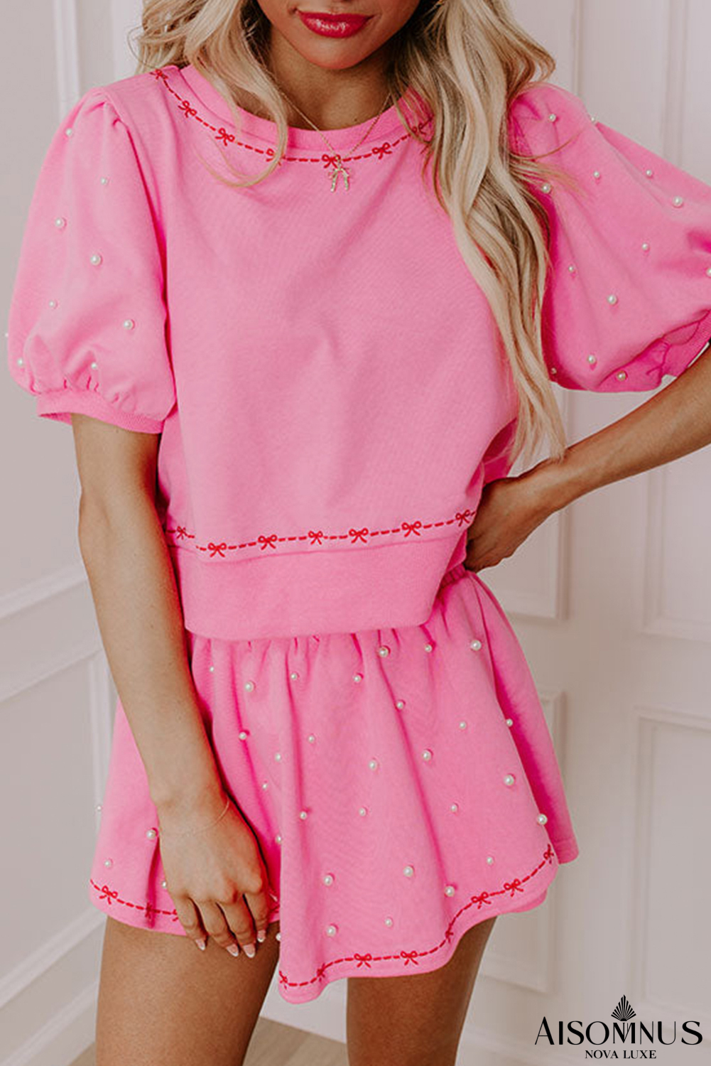 Pink Sweet Bow Trim Pearl Embellished Blouse and Skort Set