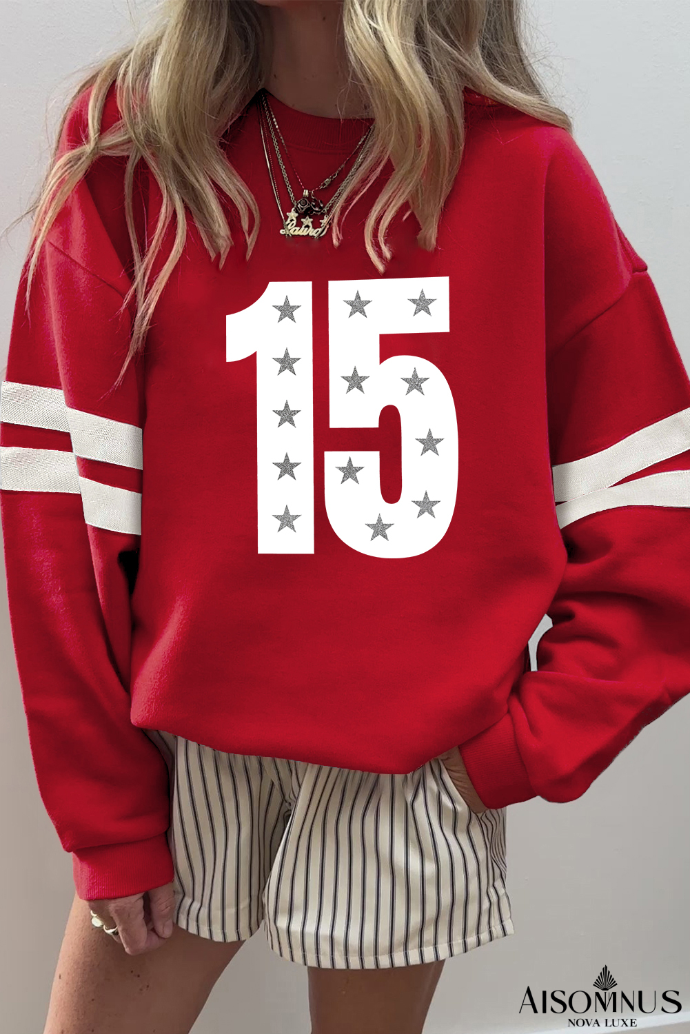 Fiery Red Starry Number 15 Printed Oversize Varsity Sweatshirt