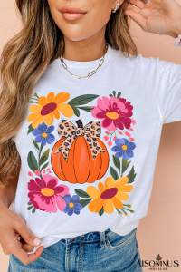 White Flower and Pumpkin Graphic Crewneck Tee