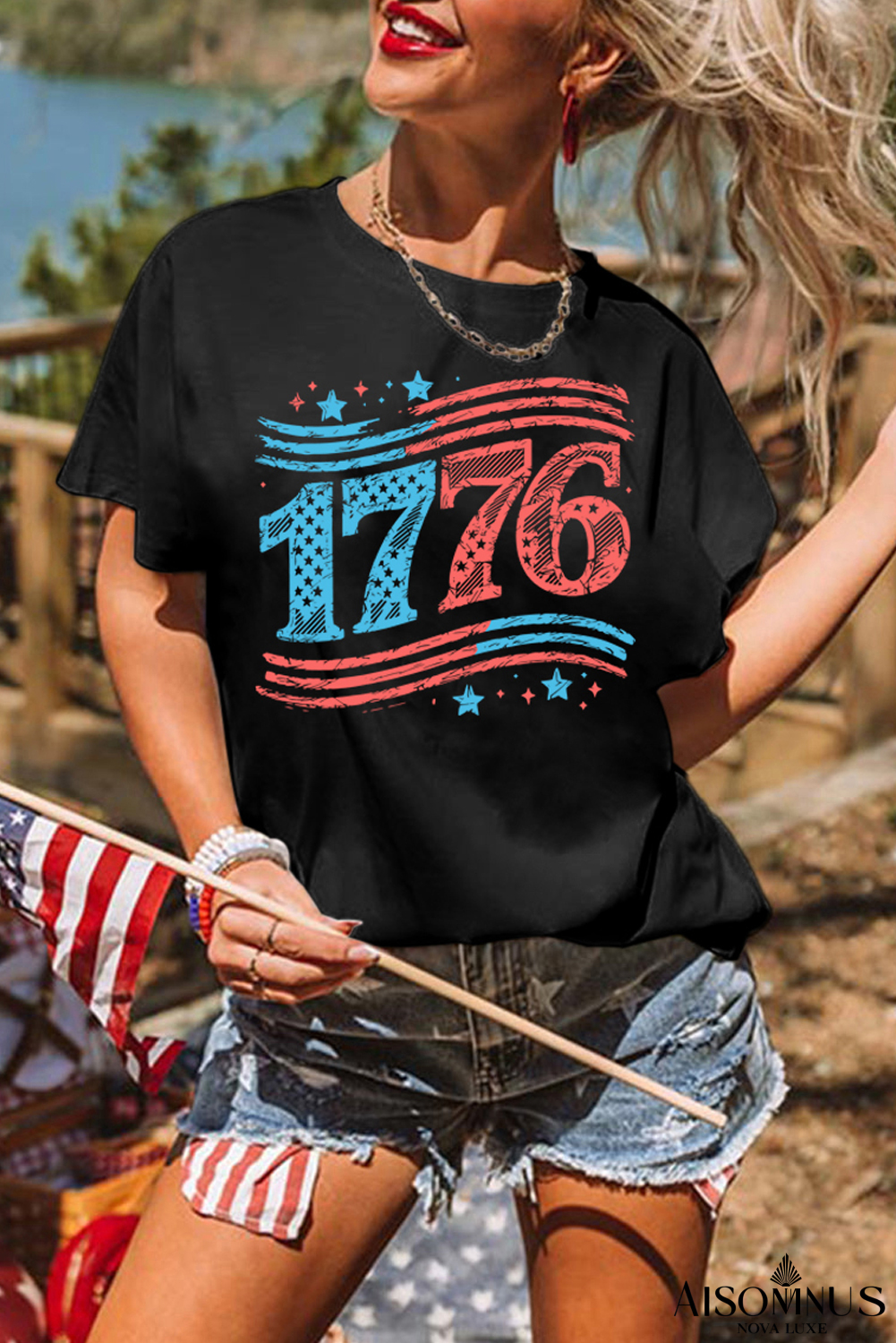 Black 1776 American Flag Theme Print Crew Neck T Shirt