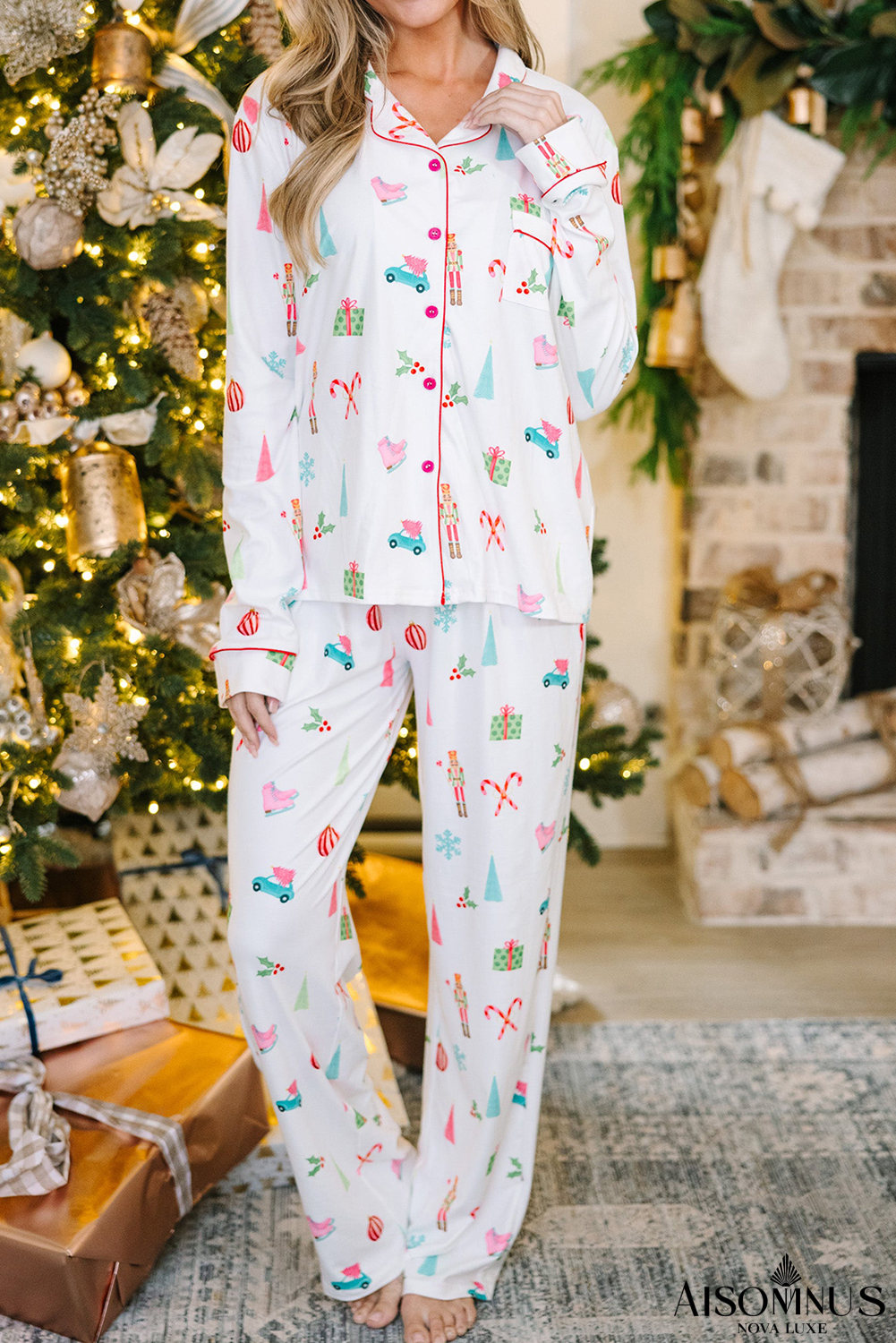White Christmas Print Lapel Shirt and Pants Pajama Set