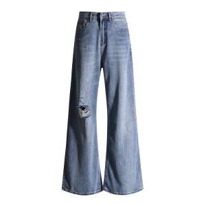Women's Denim Blue Distressed Wide Leg Pants Loose Fit Slimming Floor Length Trousers