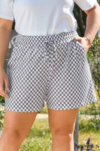 Gray Checkerboard Drawstring High Waist Plus Size Shorts