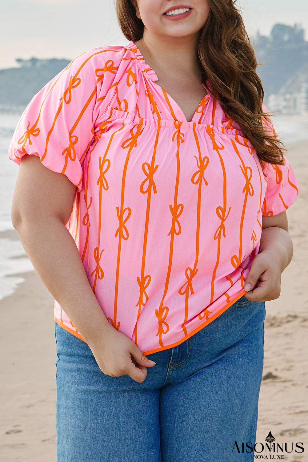 Rose Bowknot Print Shirred V Neck Puff Sleeve Plus Size Blouse