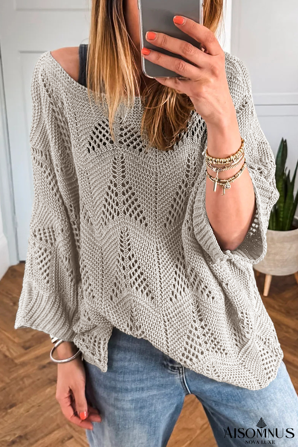 Seagrass Hollow Out Knit 3/4 Sleeve Loose Sweater