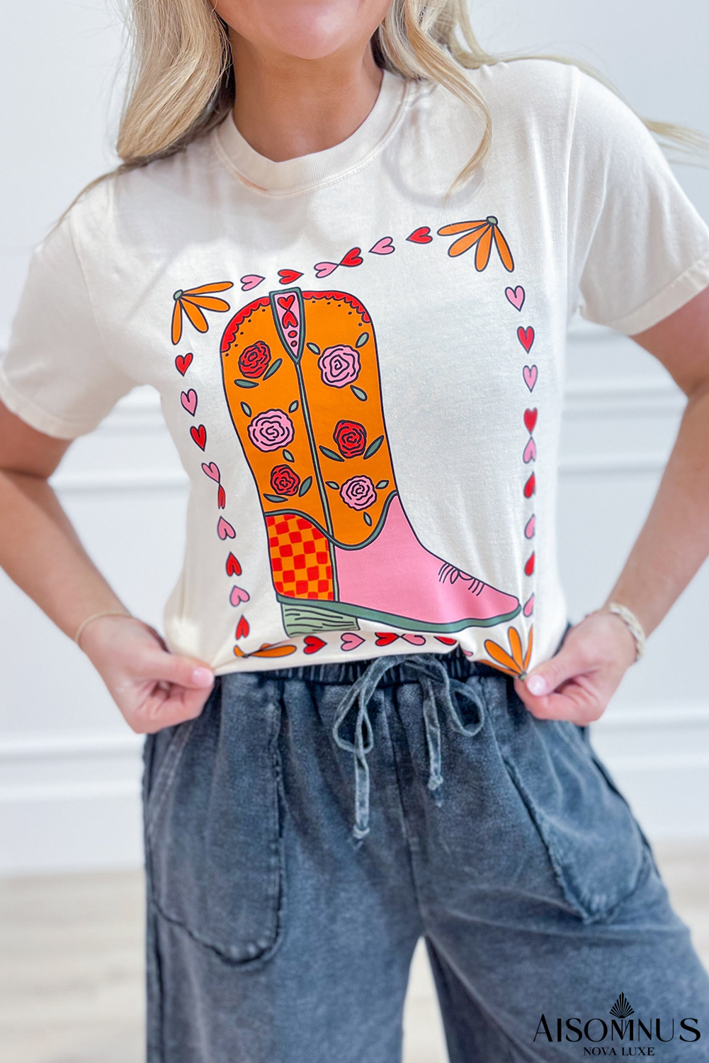 White Floral Boots Graphic T Shirt