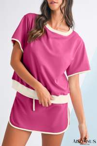 Rose Red Colorblock Edge Drop Shoulder T Shirt and Skort Set