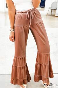 Straw Yellow Mineral Wash Lace-up High Waist Tiered Flared Pants