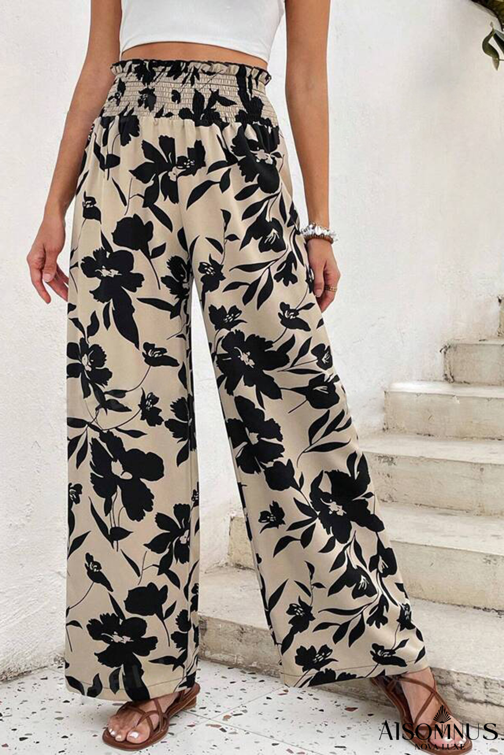 Khaki Floral Smocked Frill Waist Wide Leg Pants