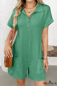 Grass Green Lapel Button Loose Pocket Short Sleeve Romper