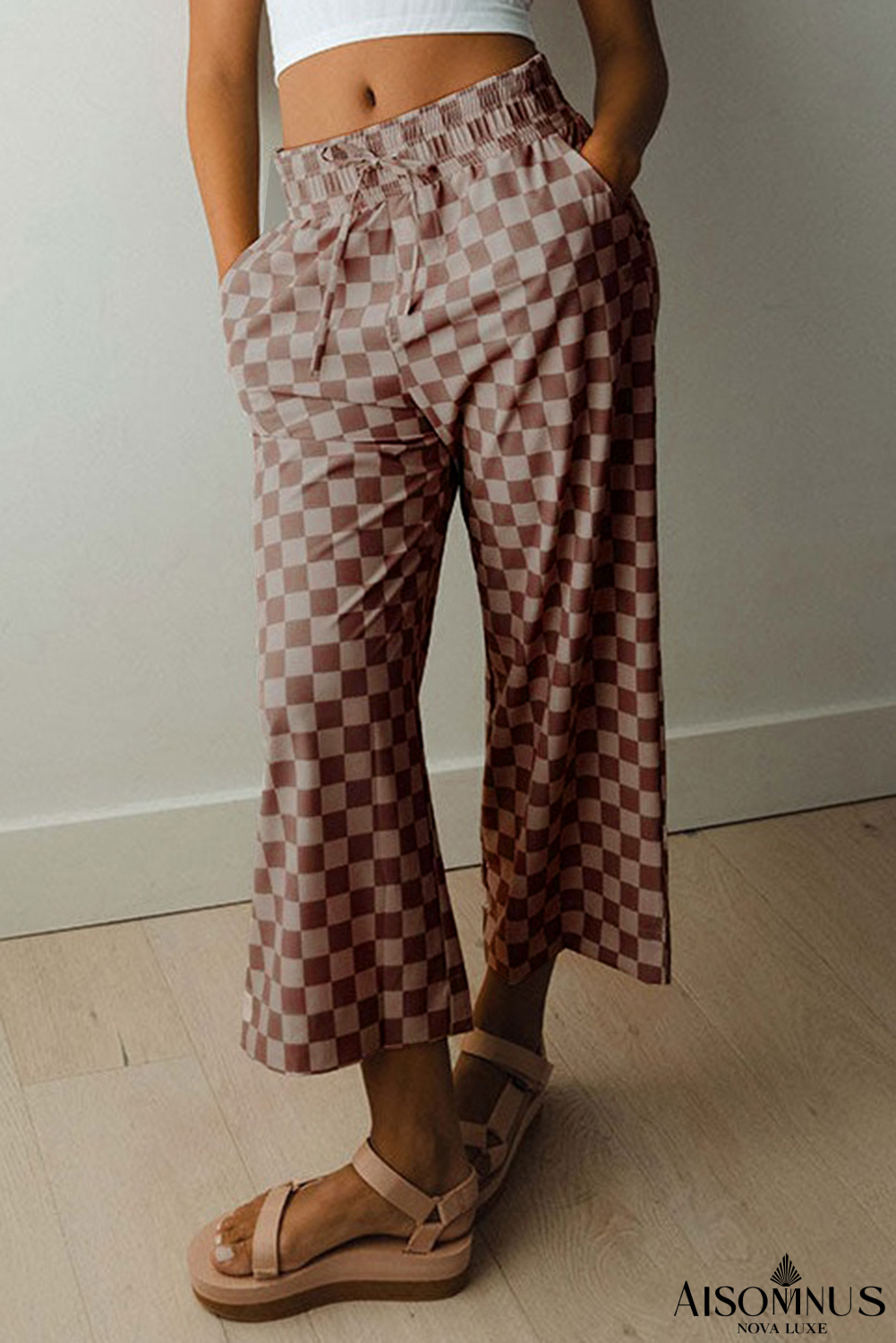 Khaki Tie Elastic Waist Checkered Loose Pants