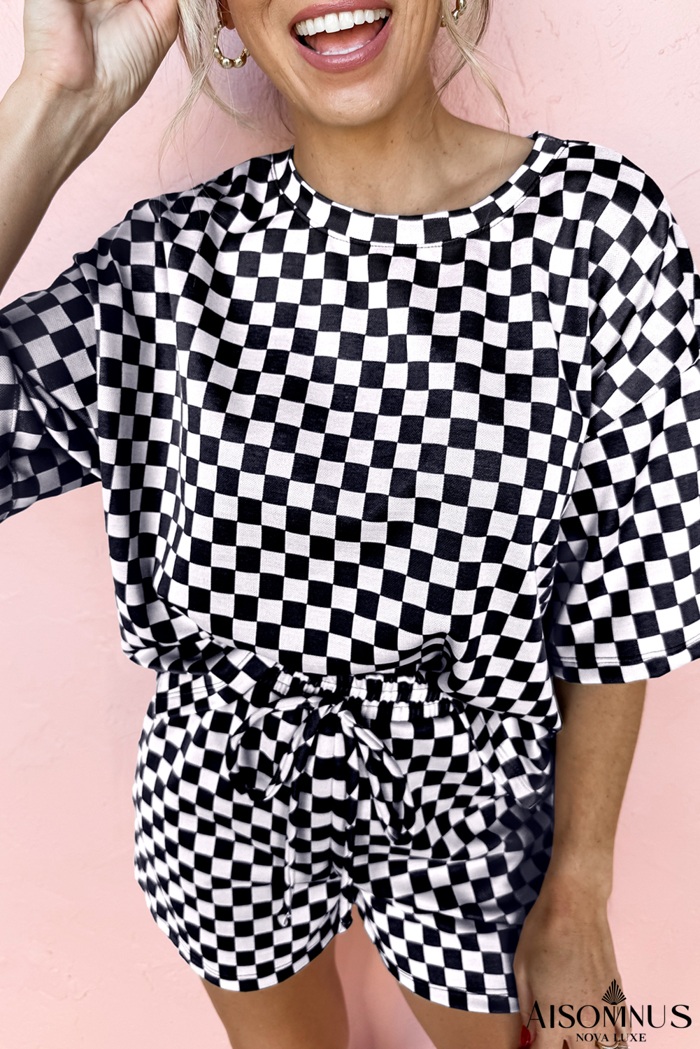 Black Checkered Top and Drawstring Shorts Pajama Set