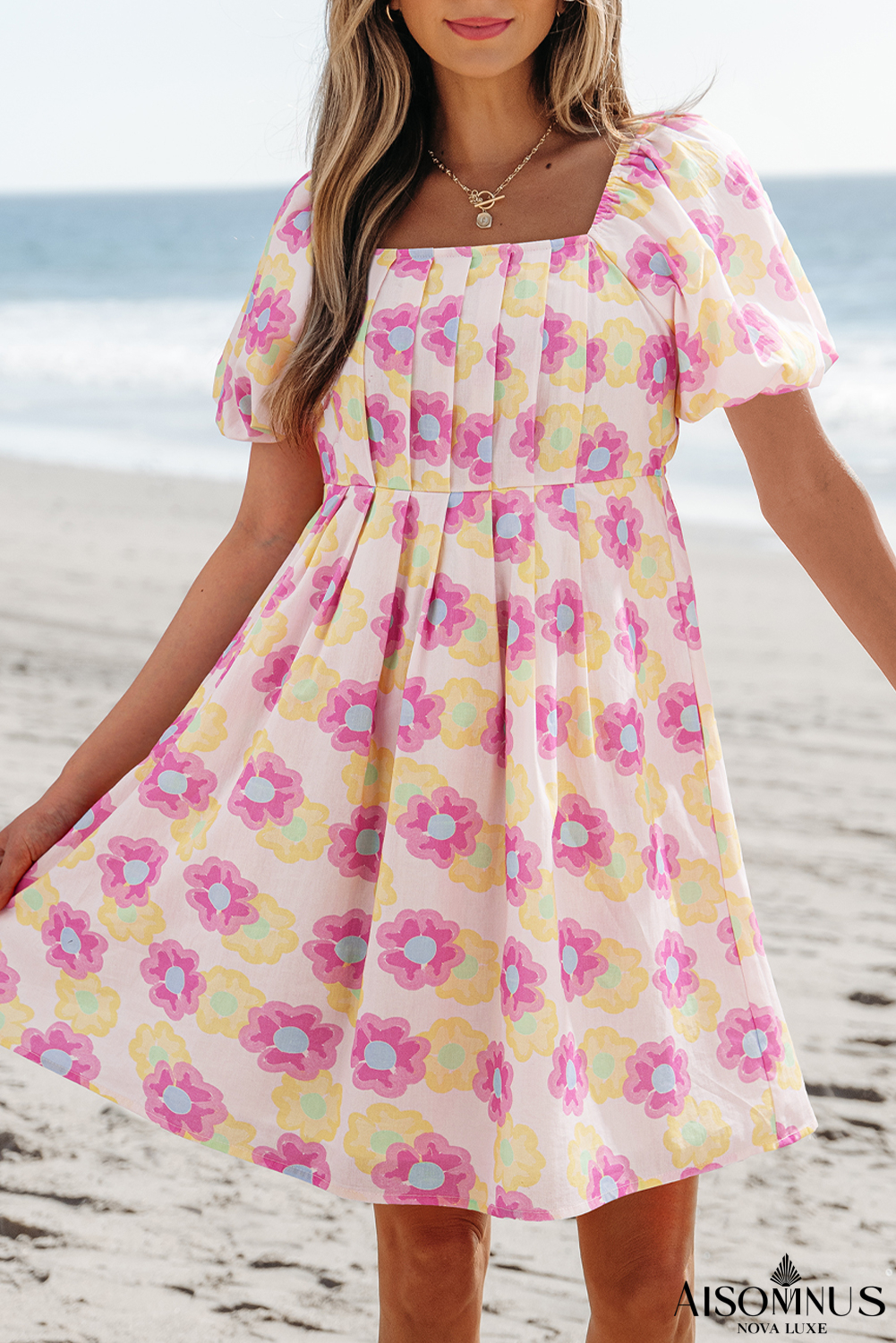 Rose Vibrant Floral Puff Sleeve Pleated Flared Mini Dress