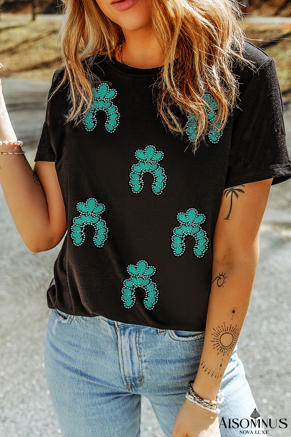 Black Western Turquoise Pattern Patched T Shirt