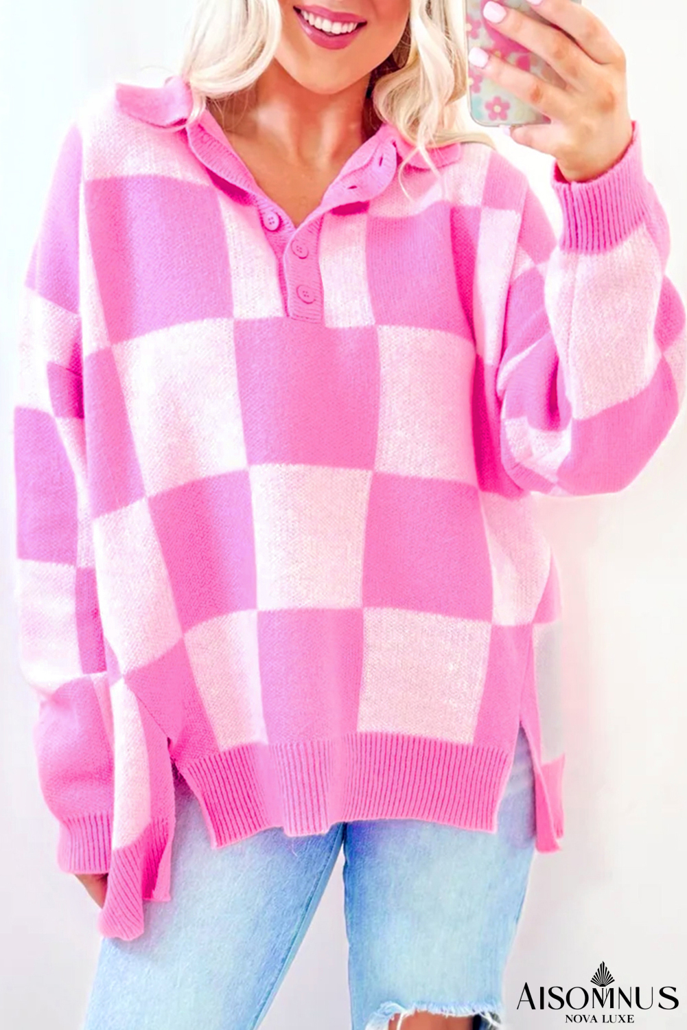 Pink Checkered Button Collared Sweater