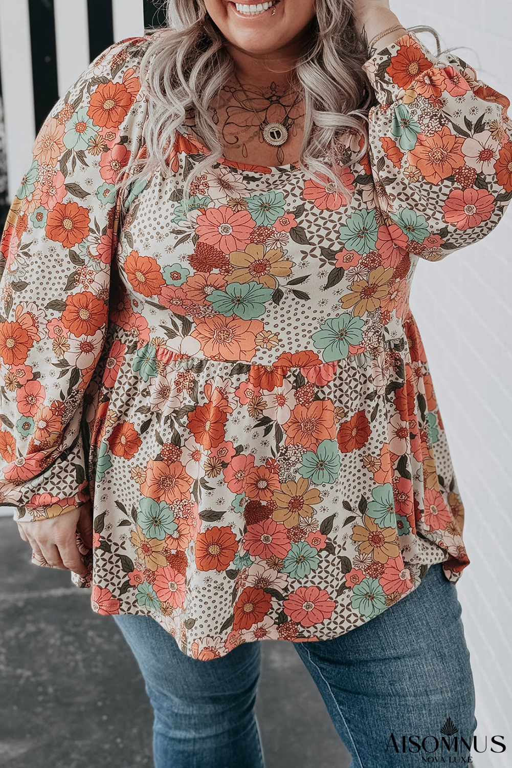 Khaki Plus Size Flower Print Square Neck Peplum Blouse