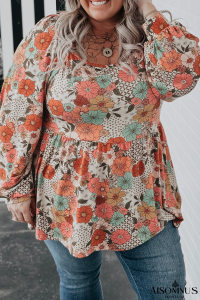 Khaki Plus Size Flower Print Square Neck Peplum Blouse