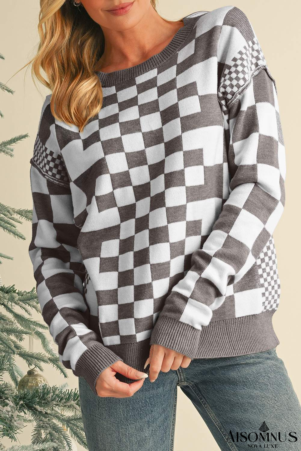 Gray Checkered Drop Shoulder Round Neck Sweater