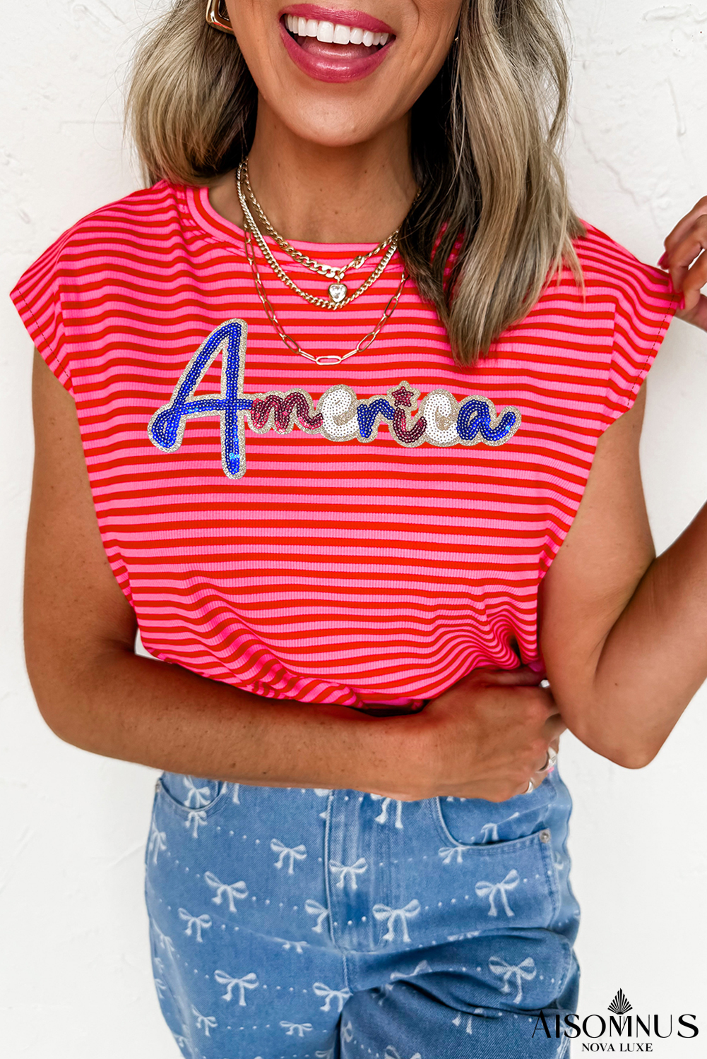 Red Stripe Sequin America Patriotic T Shirt