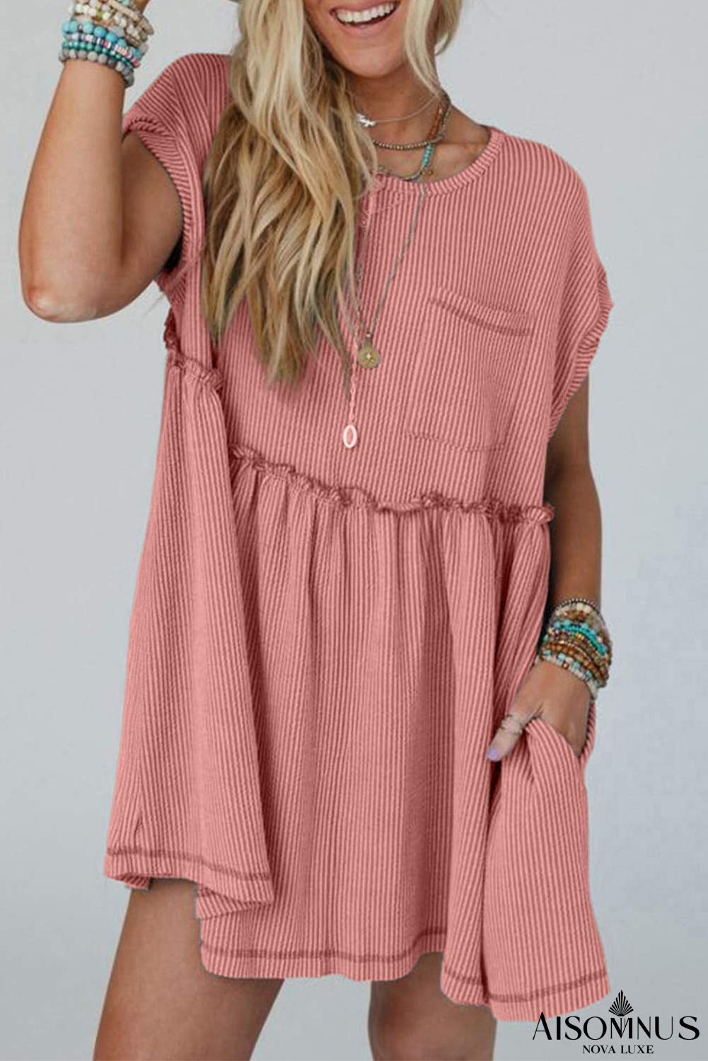 Dusty Pink Textured Patched Pocket Frilly Mini Dress