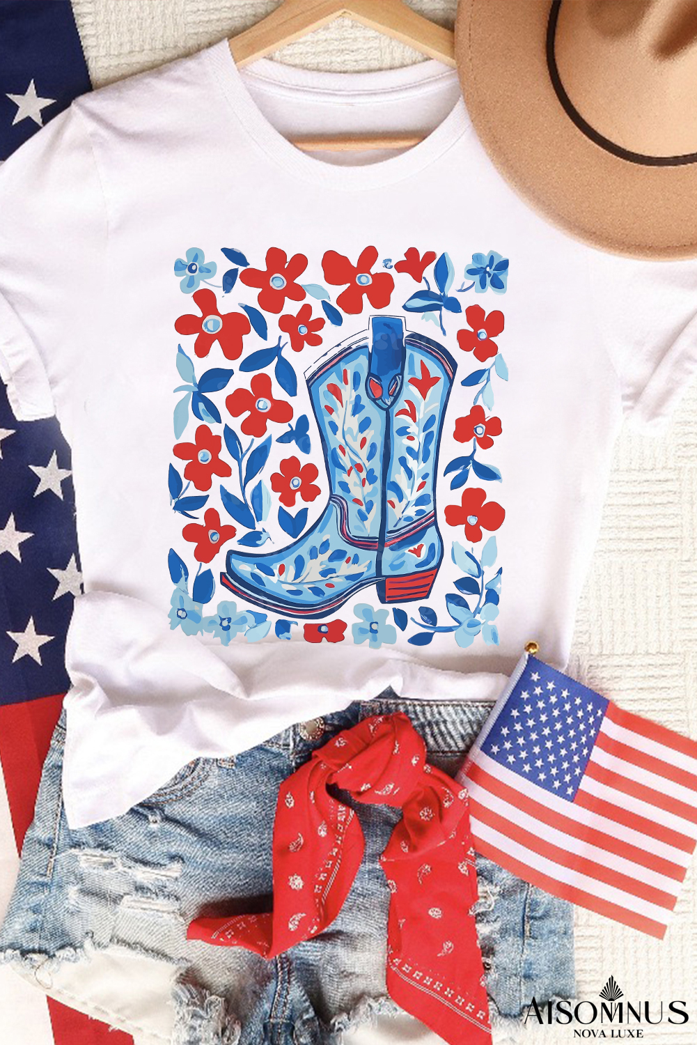 White Floral Western Boots Printed Cotton Blend T Shirt