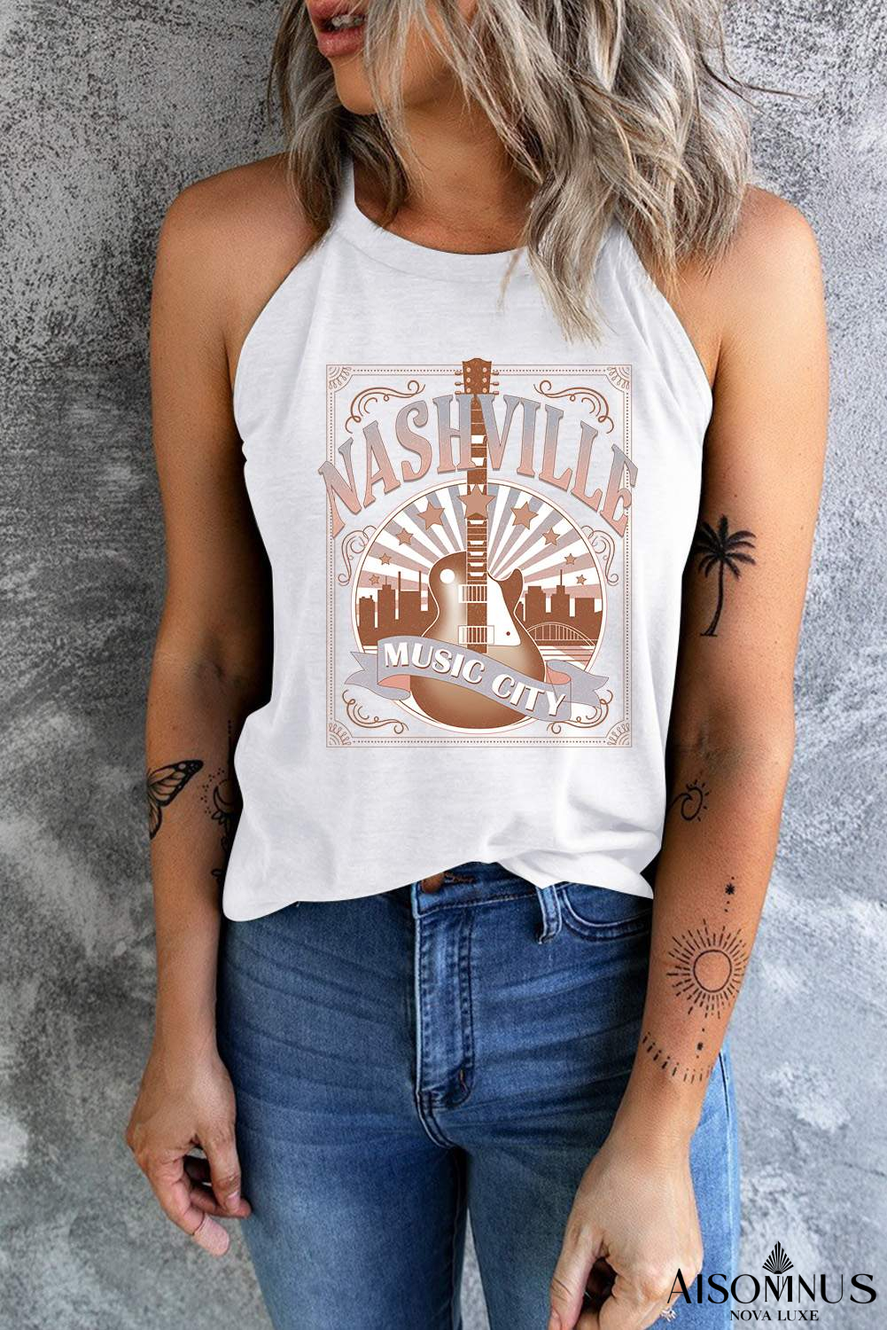 White NASHVILLE MUSIC CITY Guitar Graphic Tank Top
