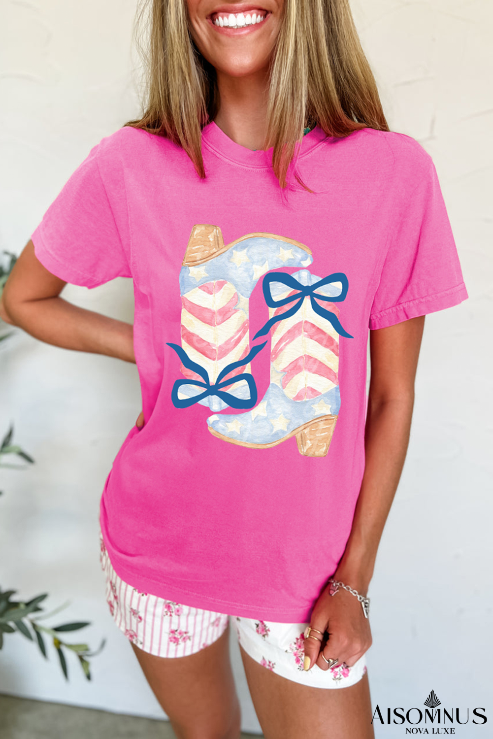 Sachet Pink Flag Pattern Boots Bow Accent Casual Graphic Tee