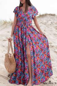 Blue Boho Floral Print V Neck Wrap Split Maxi Dress