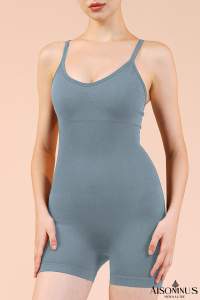 Dusk Blue Solid Color Spaghetti Straps Athleisure Romper