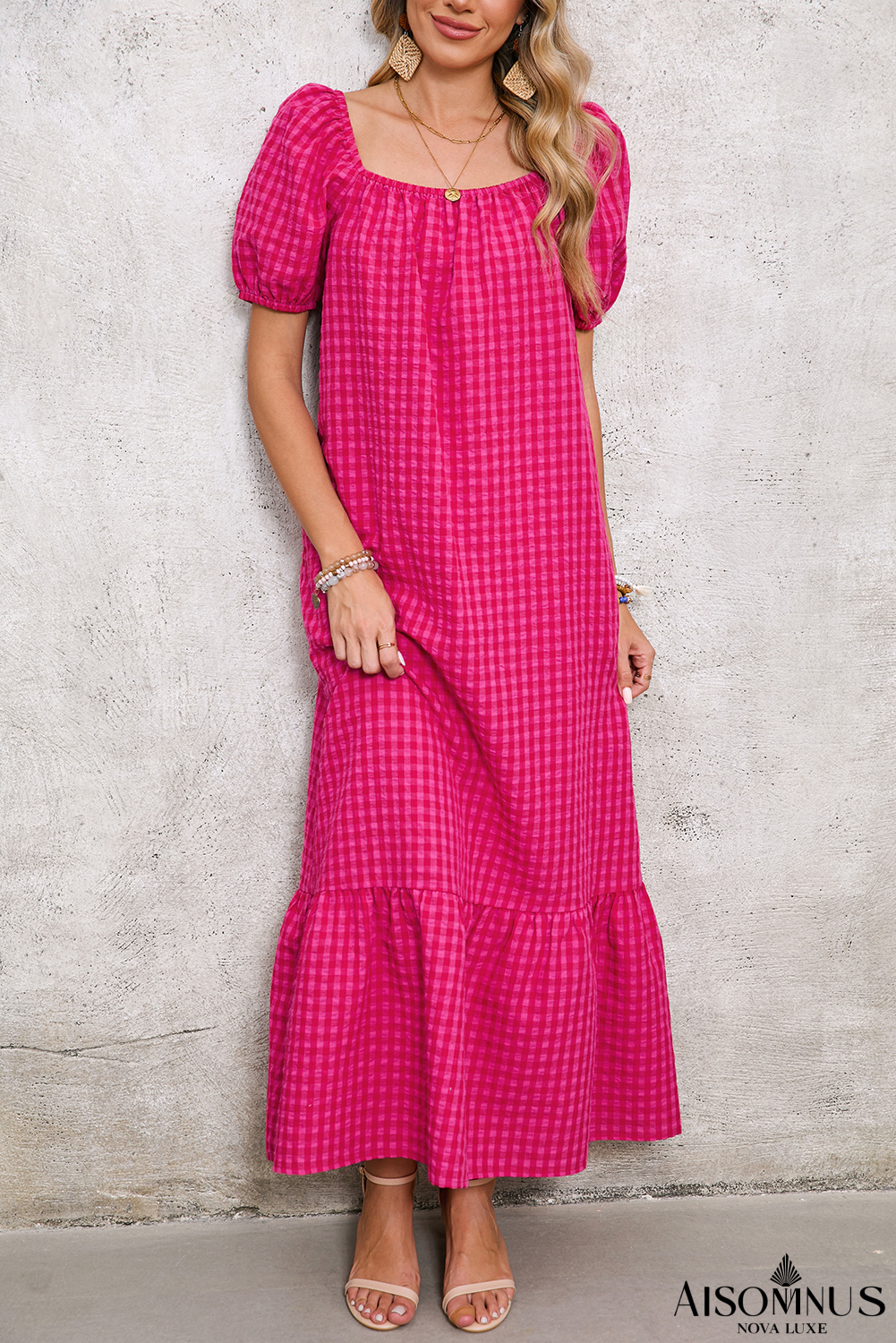 Rose Plaid Square Neck Puff Sleeve Maxi Dress