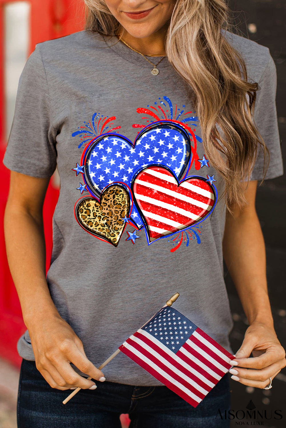 Gray American Heart July 4th Celebration Graphic T Shirt