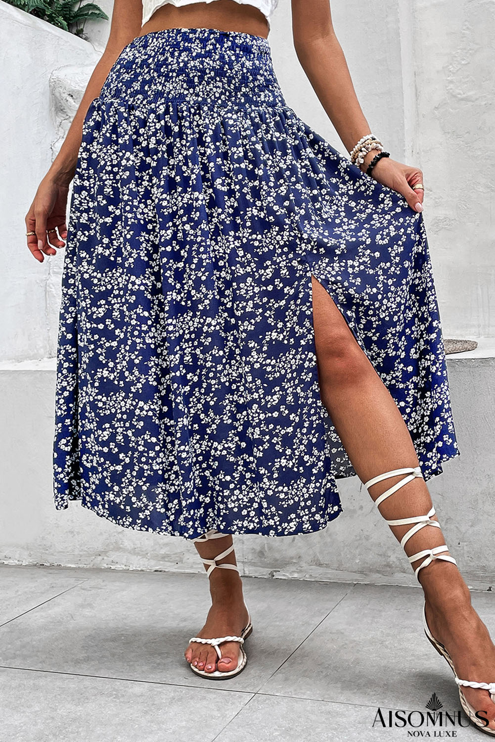 Navy Blue Floral Print Side Split Long Skirt