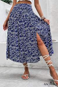 Navy Blue Floral Print Side Split Long Skirt