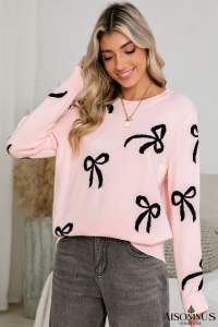 Light Pink Bow Print Long Sleeve Loose Fit Sweater