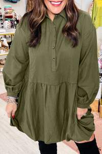 Green Plus Size Long Sleeve Ruffle Hem Mini Shirt Dress