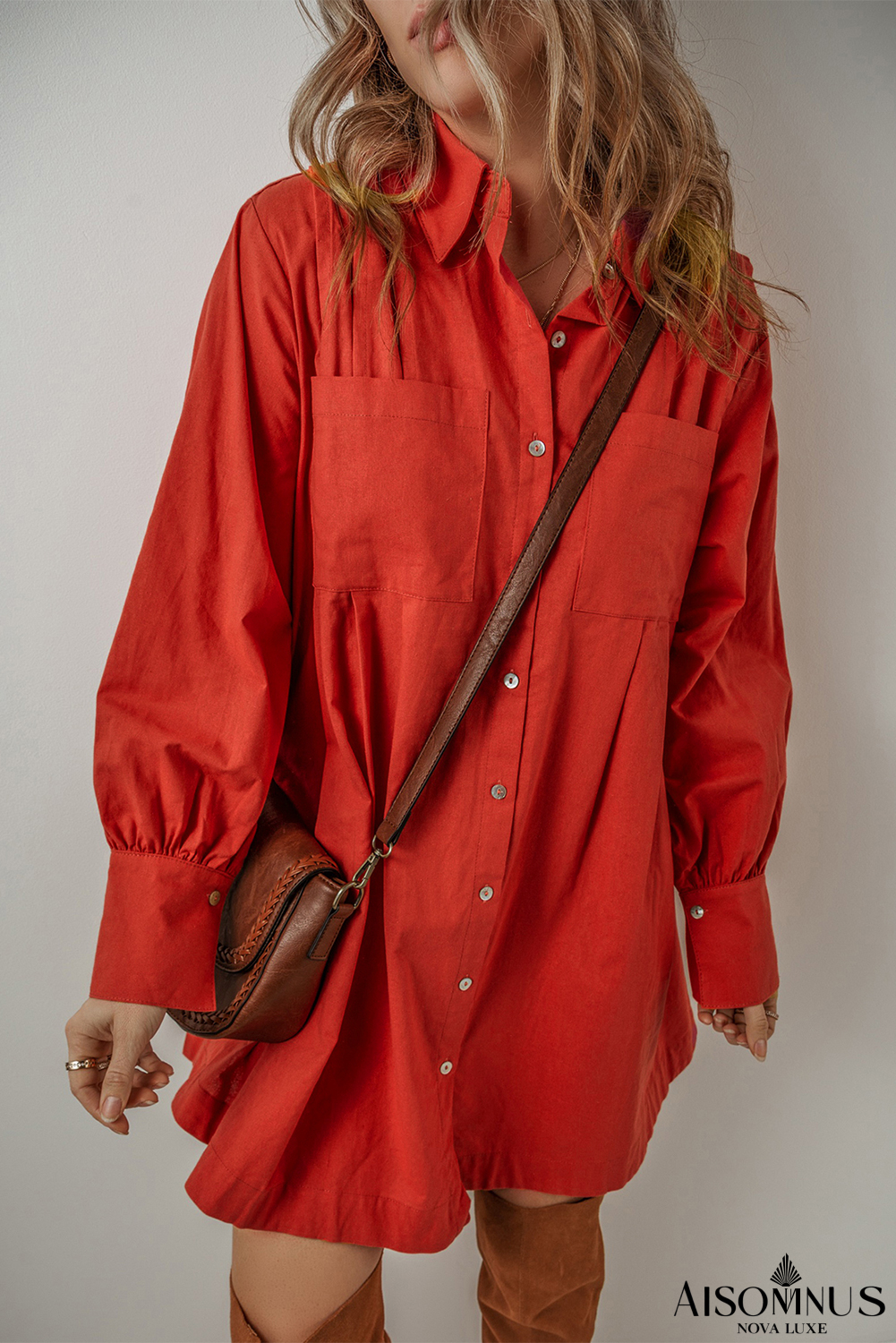 Tomato Red Bishop Sleeve Button-Up Pleated Mini Shirt Dress