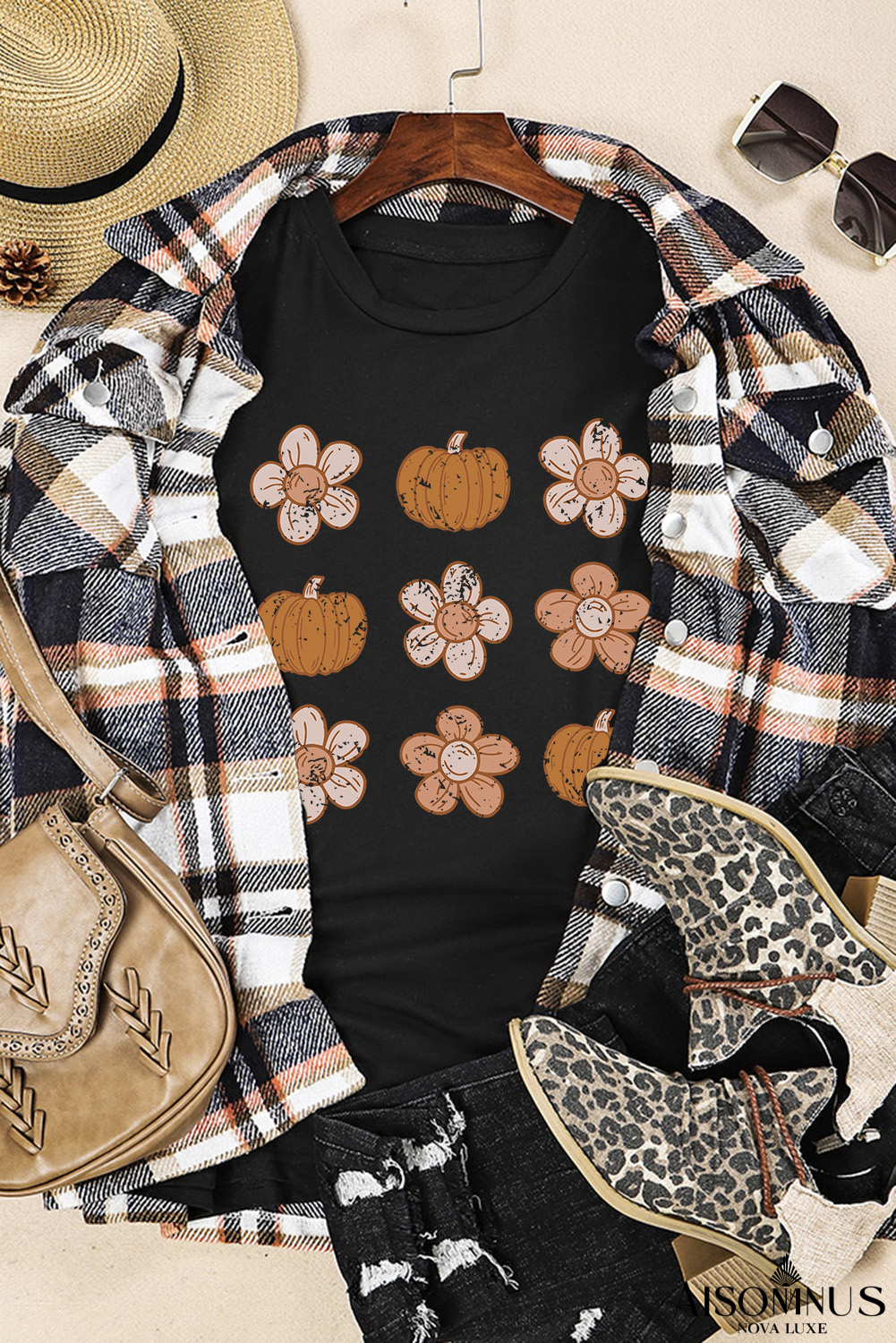 Black Pumpkin Flower Print Short Sleeve Graphic T Shirt