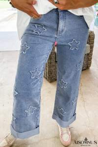 Dusk Blue Star Patched Straight Leg Loose Jeans