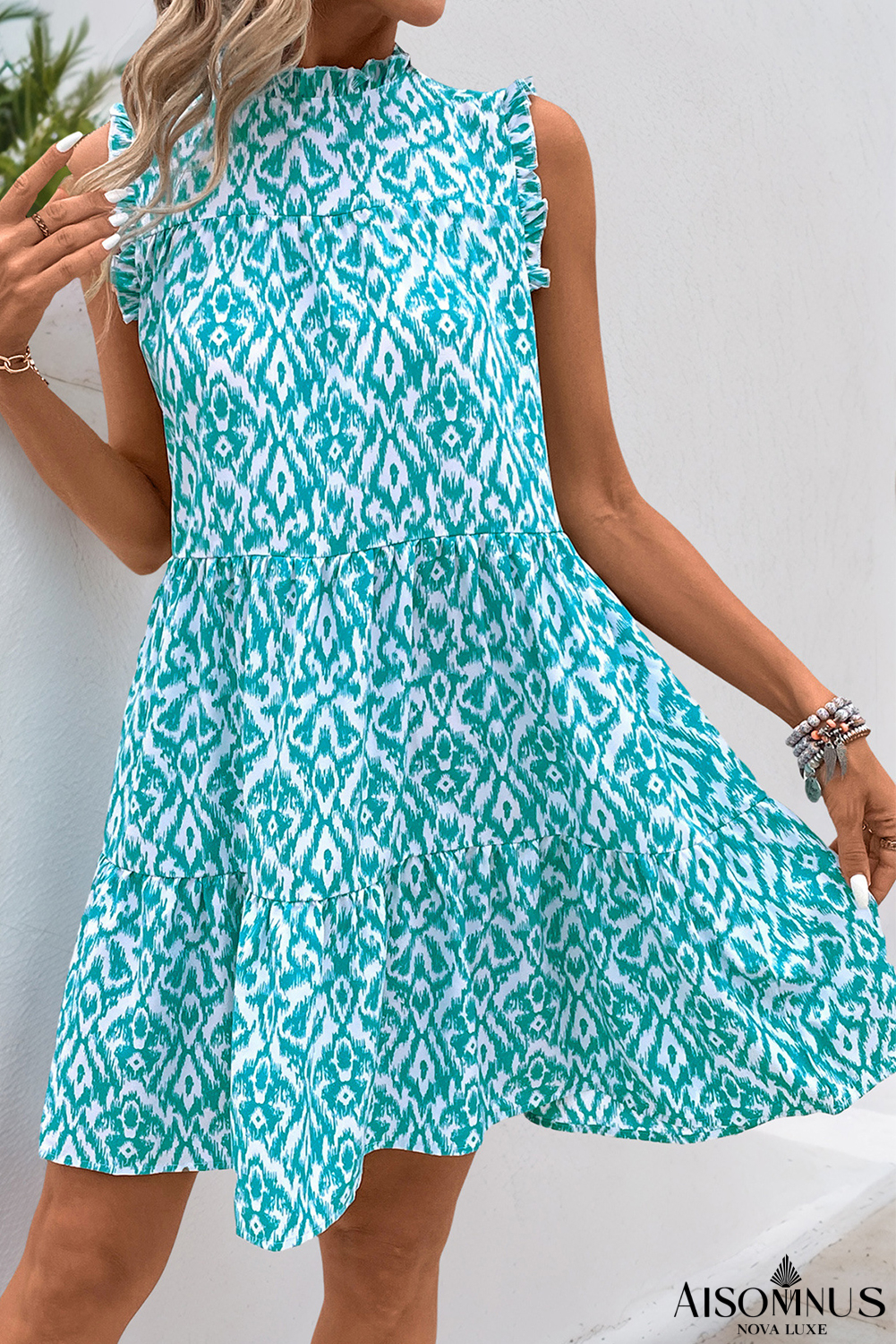 Sky Blue Boho Frill Stand Neck Sleeveless Mini Dress