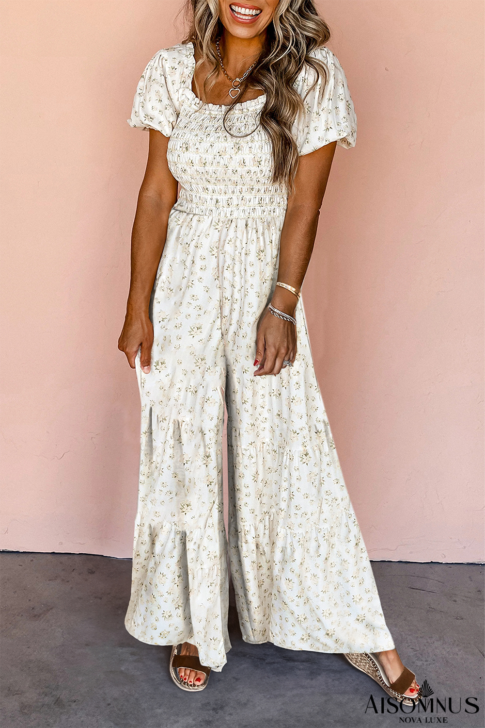 White Ditsy Floral Smocked Puff Sleeve High Waist Jumpsuit