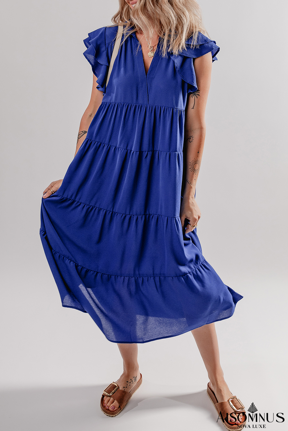 Bluing Ruffled Short Sleeve Collared V Neck Tiered Midi Dress