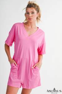 Bonbon Loose Half Sleeve V Neck Plain Romper