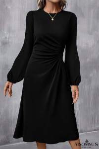 Black Plain Lantern Sleeve Midi Dress