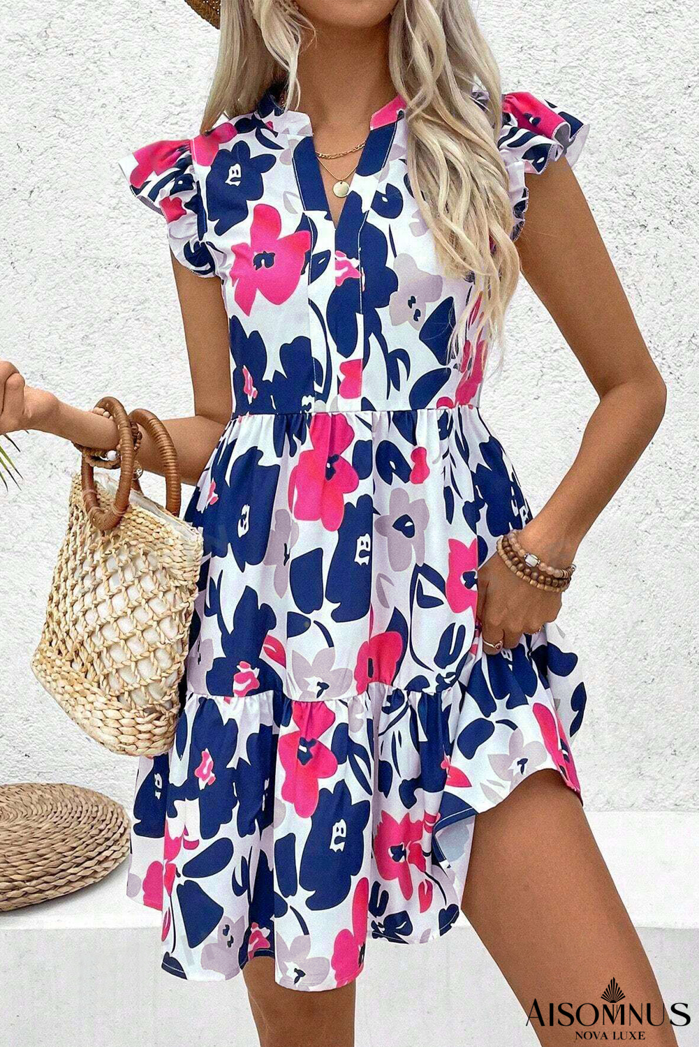 Rose Floral Print Notched Neck Flutter Sleeve Mini Dress