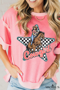Peach Blossom Cowgirl Checkered Star Print Exposed Seam T Shirt
